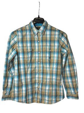 Roper Womens Pearl Snap Shirt Size M Plaid Blue Brown Tan White Cotton Y2K